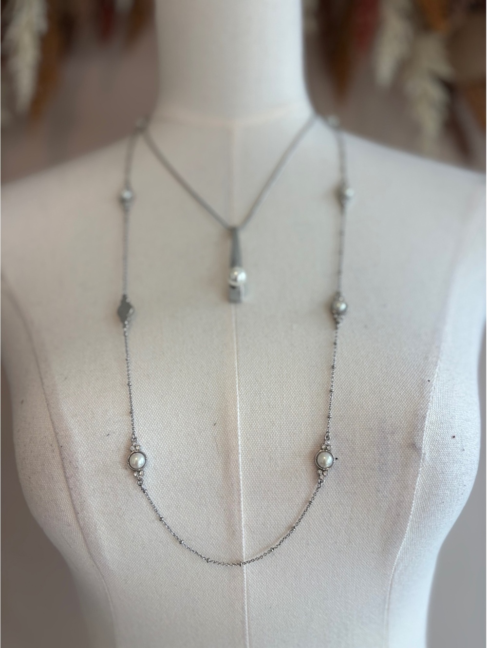 2 Silver Tone Necklaces with Pearl Accents
